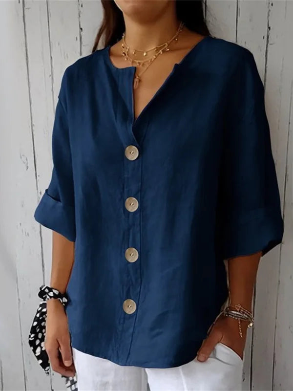 SAIDE™ | S114 SHIRT - V-NECK COTTON LINEN BUTTON TOP