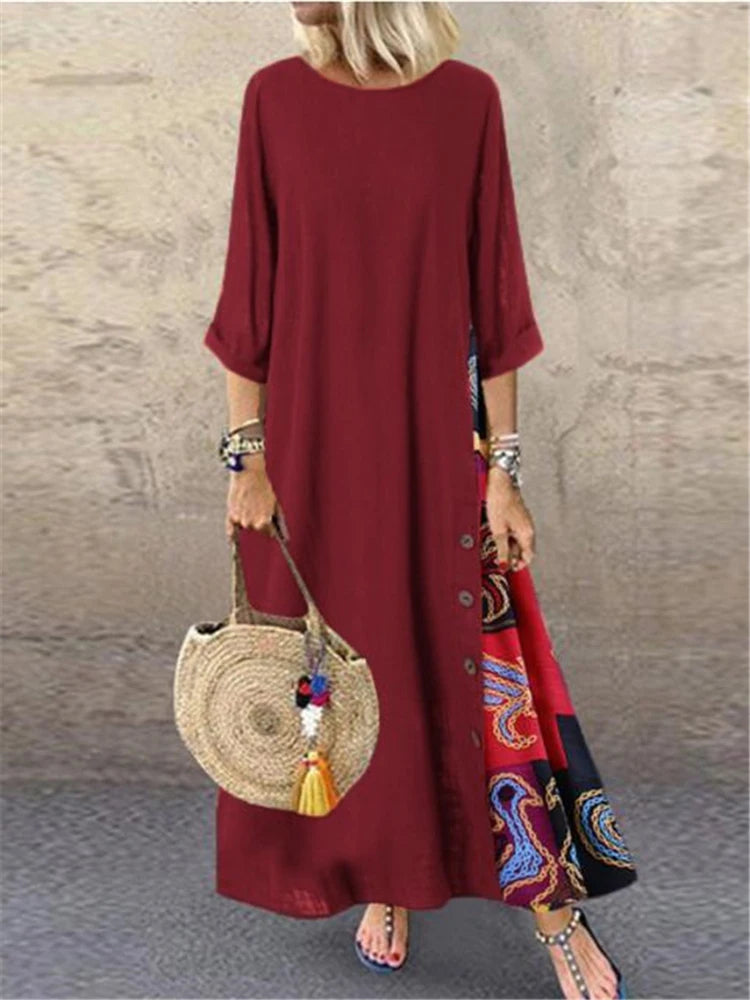 SAIDE™ | S100 DRESS - VINTAGE PRINT PATCHWORK MAXI DRESS BOHO 3/4 SLEEVE
