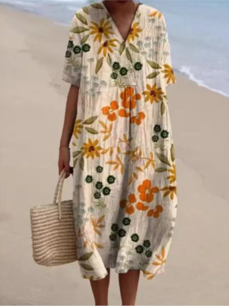 SAIDE™ | S201 DRESS - PRINT V-NECK SHORT SLEEVE LOOSE A-LINE MIDI DRESS