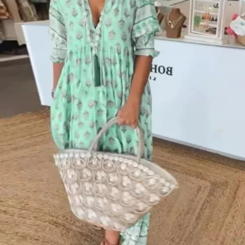 SAIDE™ | S74 DRESS - BOHEMIAN FLORAL V-NECK SHORT SLEEVE MAXI DRESS