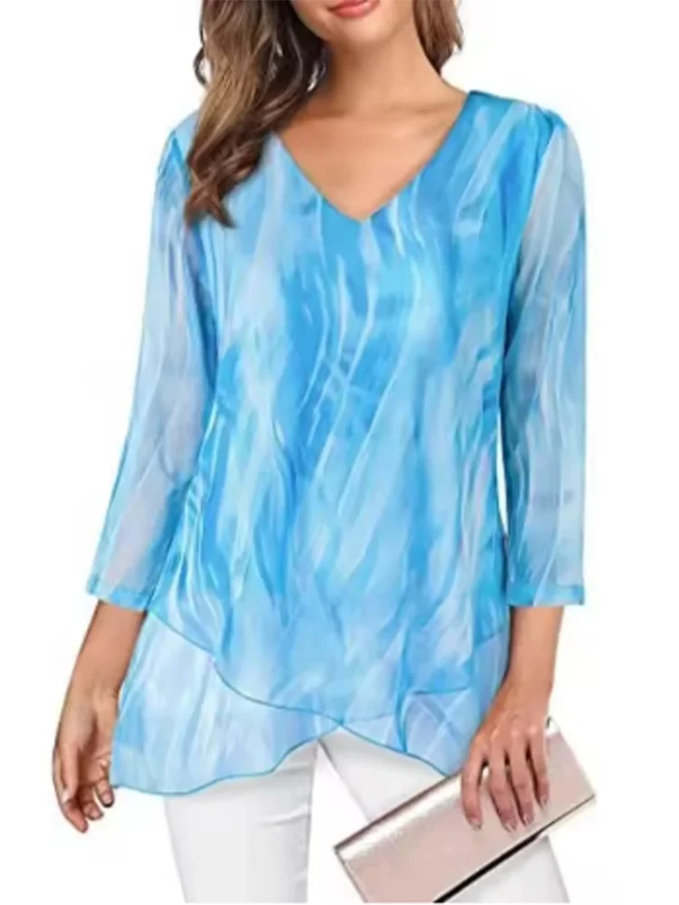SAIDE™ | S127 TOP - PRINTED V-NECK PLEATED CASUAL TOP