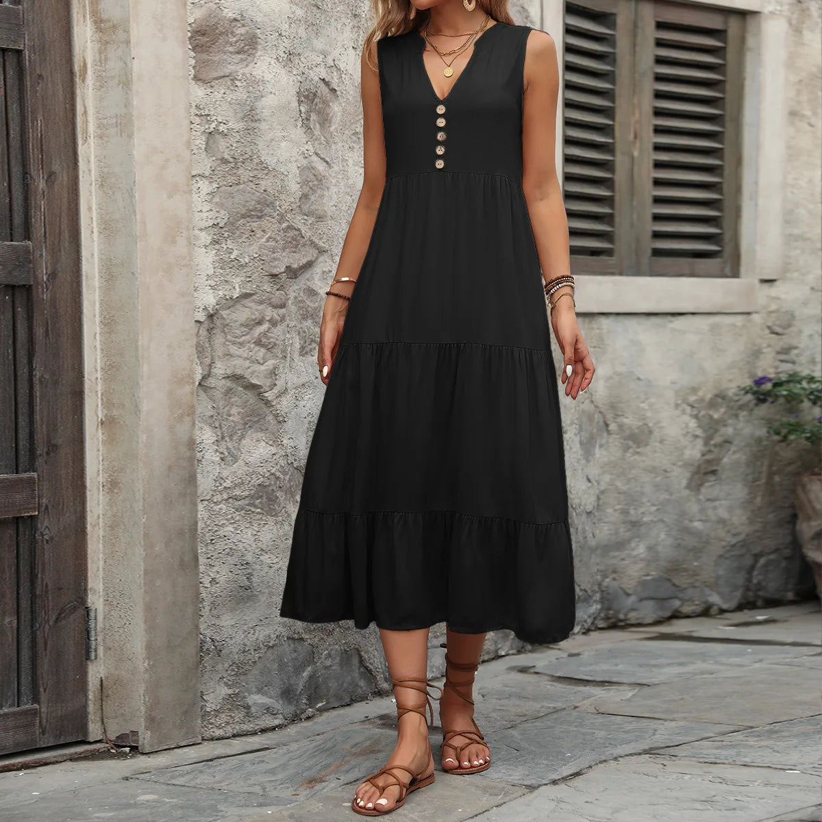 SAIDE™ | S87 DRESS - FASHION SLEEVELESS V-NECK SOLID MIDI DRESS