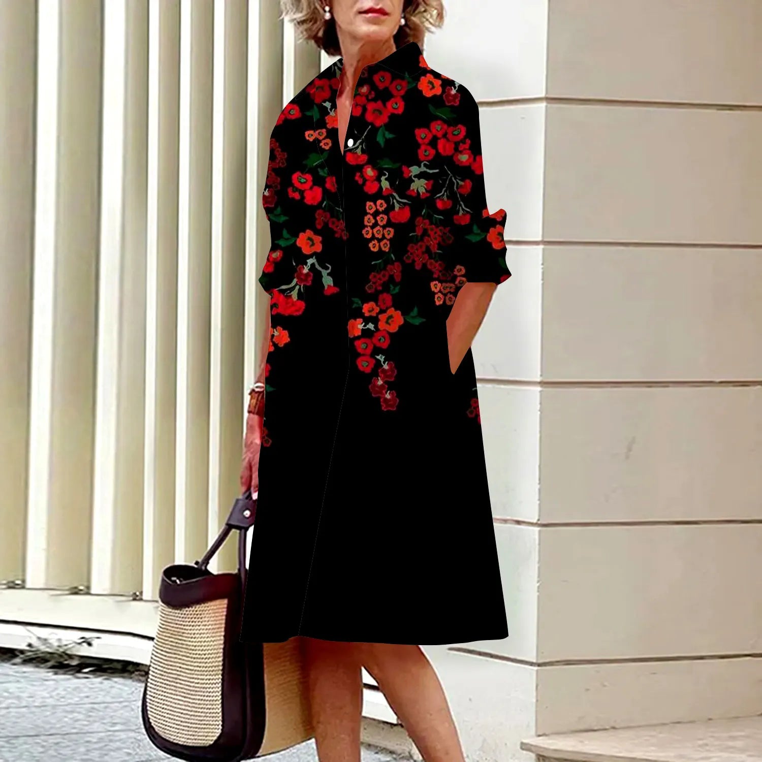 SAIDE™ | S144 DRESS - FLORAL PRINT LONG SLEEVE SHIRT DRESS