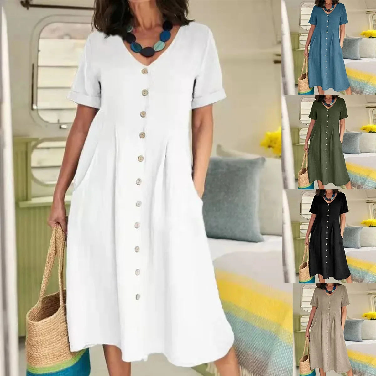 SAIDE™ | S136 DRESS - BUTTON FRONT COTTON LINEN DRESS
