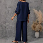 SAIDE™ | S79 SET - LOOSE V-NECK EMBROIDERED TOP & WIDE LEG PANTS TWO PIECE SET