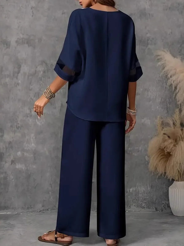 SAIDE™ | S79 SET - LOOSE V-NECK EMBROIDERED TOP & WIDE LEG PANTS TWO PIECE SET
