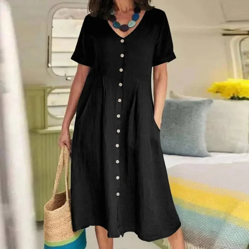 SAIDE™ | S136 DRESS - BUTTON FRONT COTTON LINEN DRESS