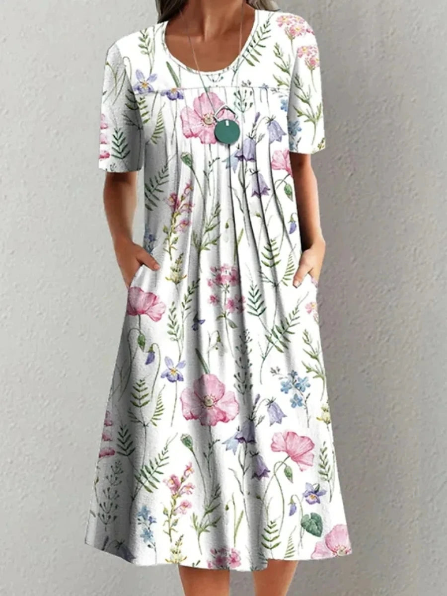 SAIDE™ | S134 DRESS - PRINTED O-NECK MID-CALF CASUAL DRESS