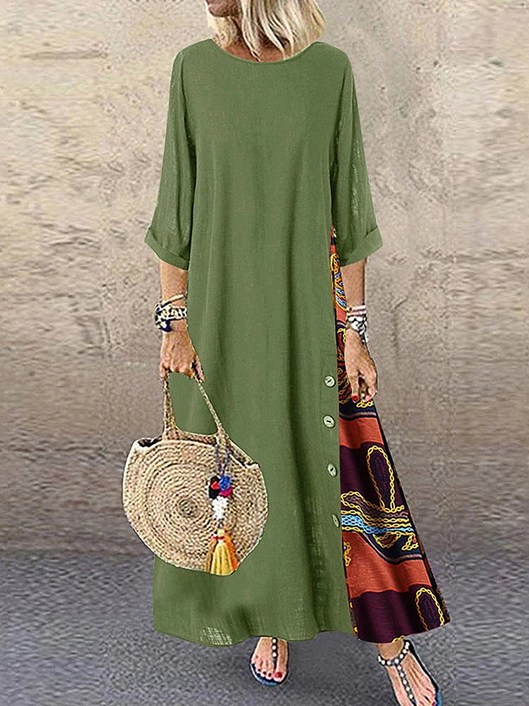 SAIDE™ | S100 DRESS - VINTAGE PRINT PATCHWORK MAXI DRESS BOHO 3/4 SLEEVE