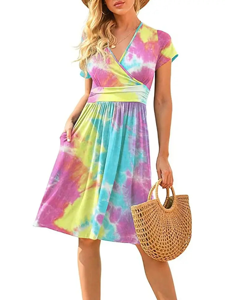 SAIDE™ | S199 DRESS - FLORAL PRINT V-NECK A-LINE MIDI DRESS WITH POCKETS