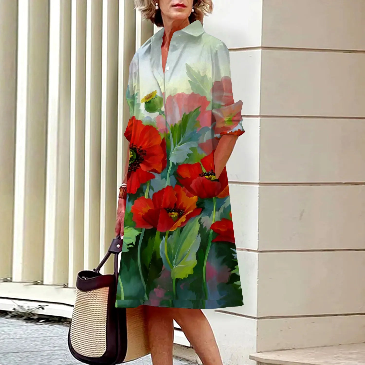SAIDE™ | S144 DRESS - FLORAL PRINT LONG SLEEVE SHIRT DRESS