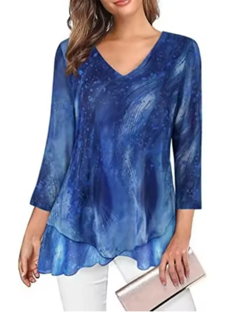 SAIDE™ | S127 TOP - PRINTED V-NECK PLEATED CASUAL TOP