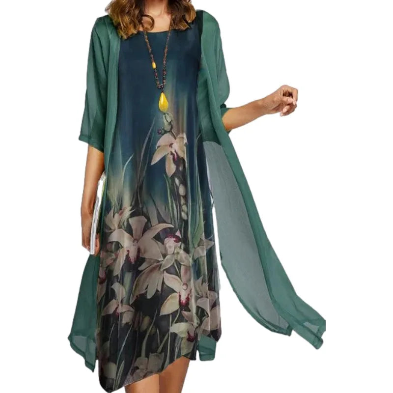 SAIDE™ | S121 2PCS - PRINTED DRESS AND SWEATER COAT SET