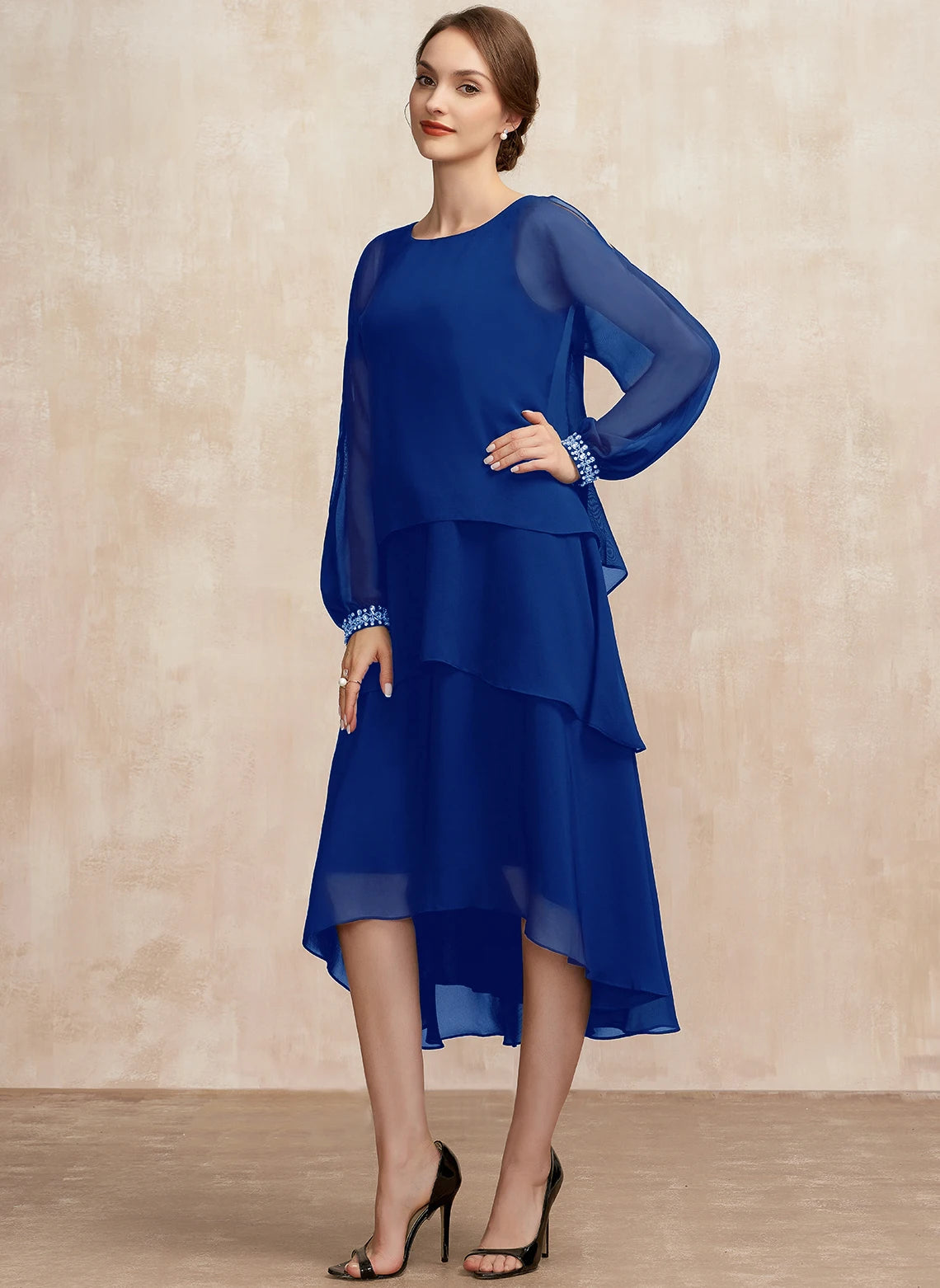 SAIDE™ | S76 DRESS - PLUS SIZE CHIFFON ELEGANT O-NECK LAYERED PETAL SLEEVE MAXI DRESS