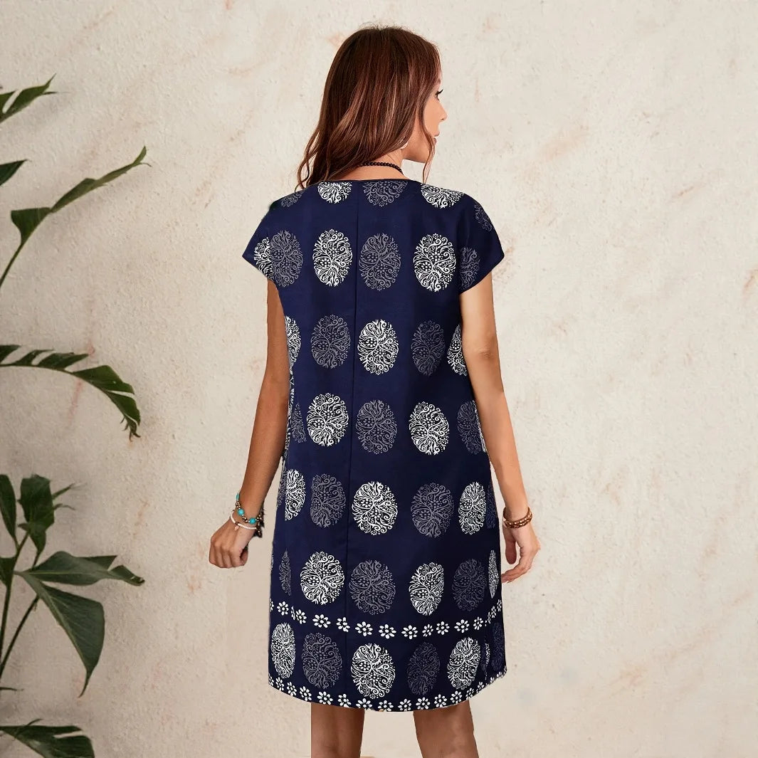 SAIDE™ | S59 DRESS - RANDOM ABSTRACT PRINT SHORT SLEEVE A-LINE MIDI DRESS