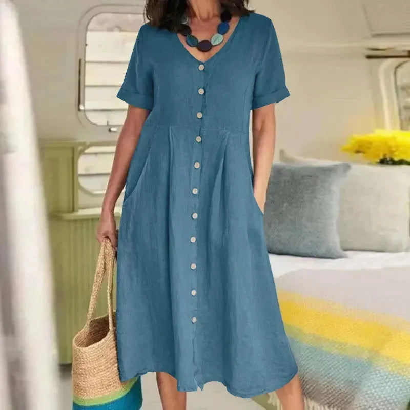 SAIDE™ | S136 DRESS - BUTTON FRONT COTTON LINEN DRESS