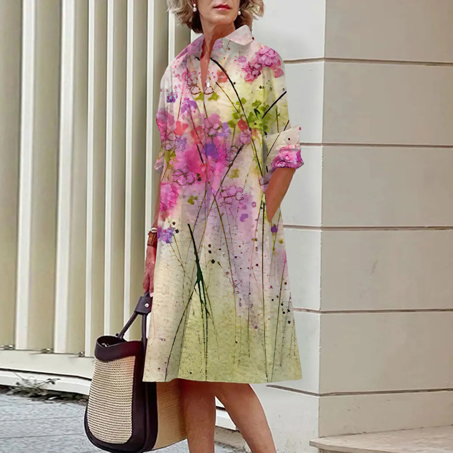 SAIDE™ | S144 DRESS - FLORAL PRINT LONG SLEEVE SHIRT DRESS