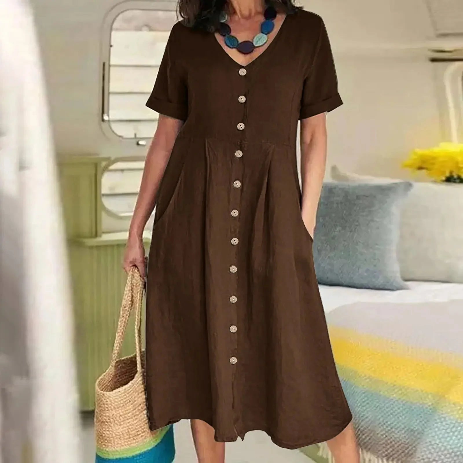 SAIDE™ | S136 DRESS - BUTTON FRONT COTTON LINEN DRESS