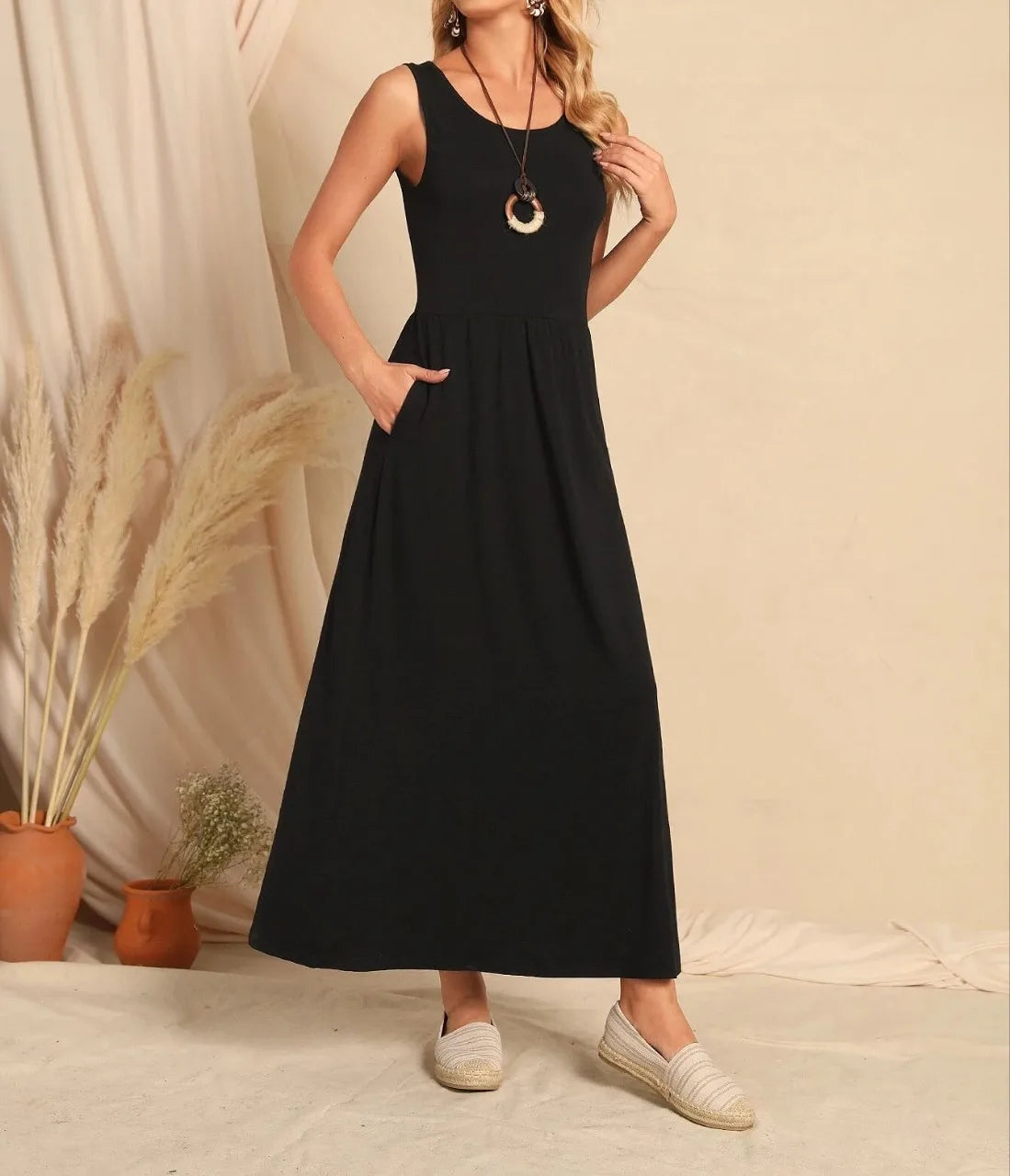 SAIDE™ | S34 DRESS - SLEEVELESS SOLID COLOR POCKET MIDI DRESS