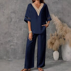 SAIDE™ | S79 SET - LOOSE V-NECK EMBROIDERED TOP & WIDE LEG PANTS TWO PIECE SET