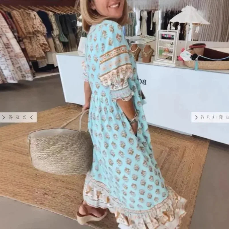 SAIDE™ | S74 DRESS - BOHEMIAN FLORAL V-NECK SHORT SLEEVE MAXI DRESS