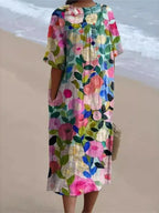 SAIDE™ | S201 DRESS - PRINT V-NECK SHORT SLEEVE LOOSE A-LINE MIDI DRESS