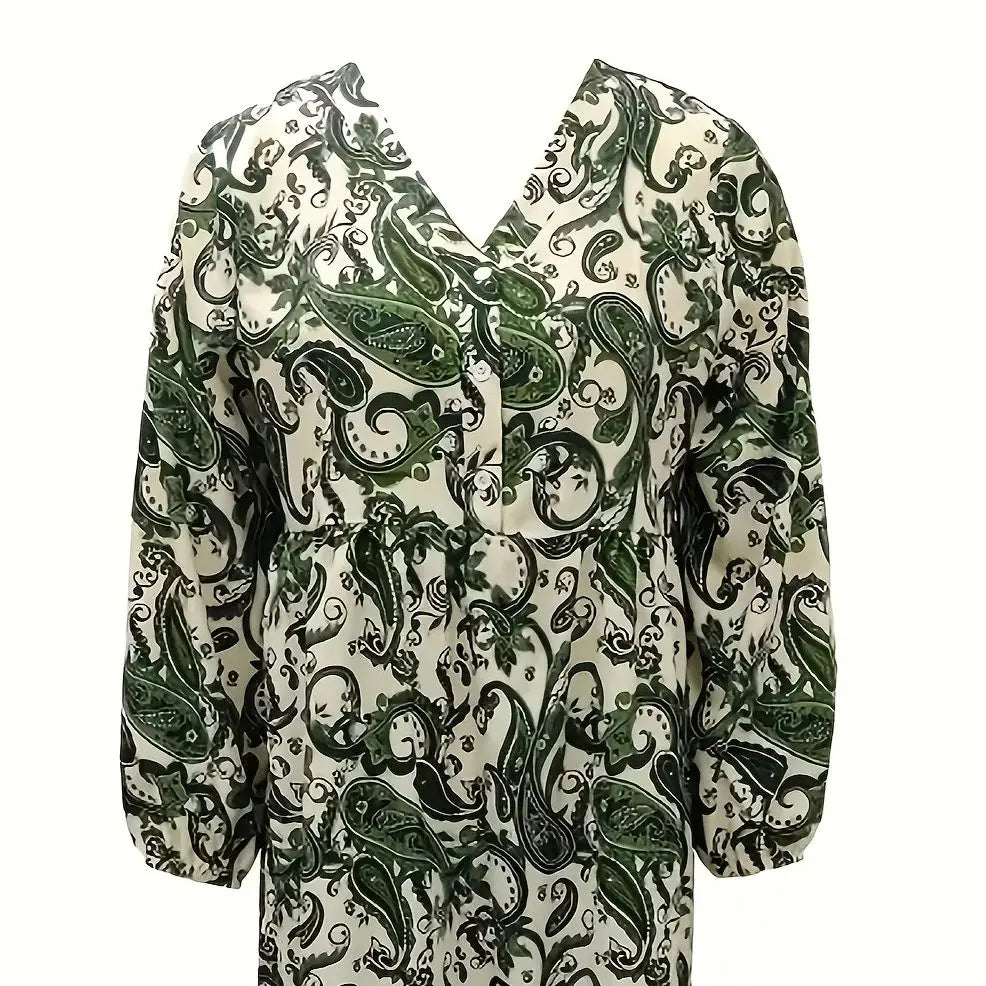 SAIDE™ | S117 DRESS - PLUS SIZE PAISLEY PRINT V-NECK MAXI DRESS