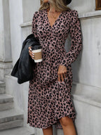 SAIDE™ | S77 DRESS - LEOPARD PRINT V-NECK BUBBLE SLEEVE FITTED DRESS