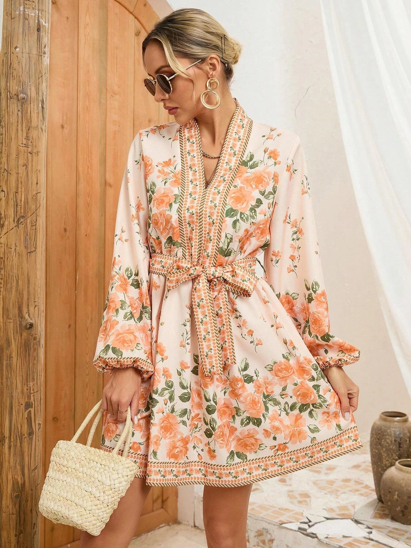 SAIDE™ | S115 DRESS - FLORAL PRINT BELTED WAIST LANTERN SLEEVE DRESS