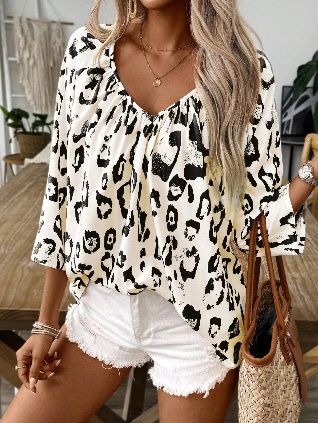 SAIDE™ | S13 SHIRT - LEOPARD PRINT V-NECK LONG SLEEVE SHIRT