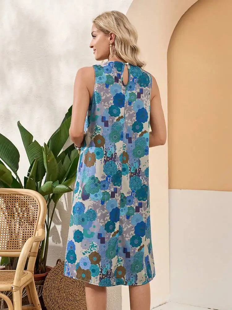 SAIDE™ | S49 DRESS - ELEGANT DIRECTIONAL FLOWERS ALL OVER PRINT TANK DRESS