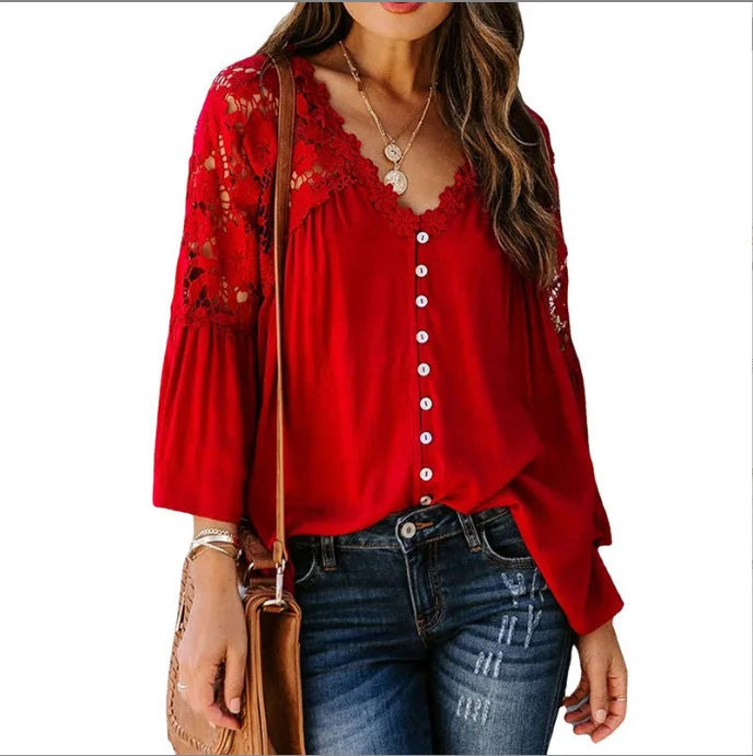SAIDE™ | S23 BLOUSE - LACE BELL SLEEVE BUTTON-FRONT BLOUSE