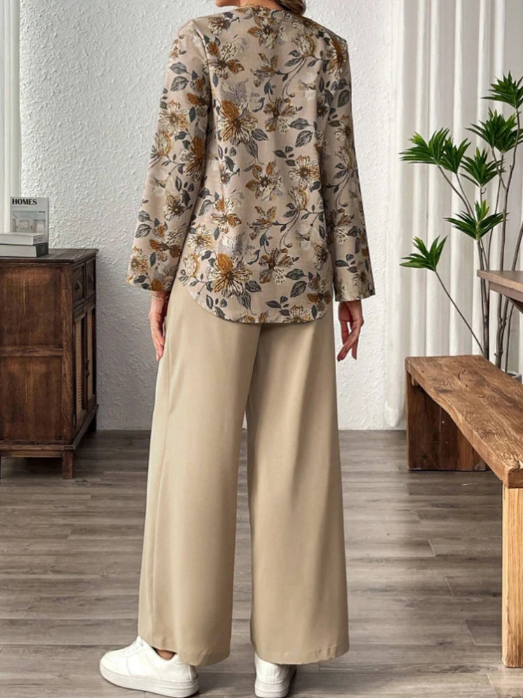 SAIDE™ | S28 TWO PIECE SET - FLORAL PRINT V-NECK TOP AND WIDE LEG PANTS SET