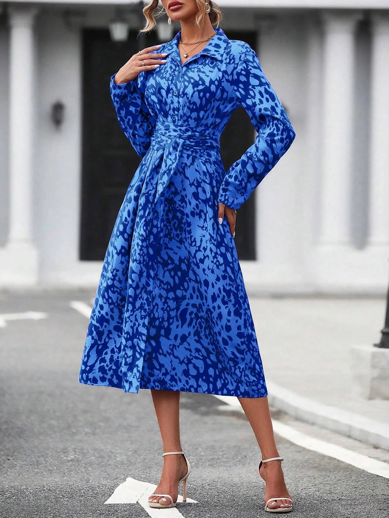 SAIDE™ | S63 DRESS - ELEGANT RANDOM PRINT BUTTON DOWN SHIRT MIDI DRESS