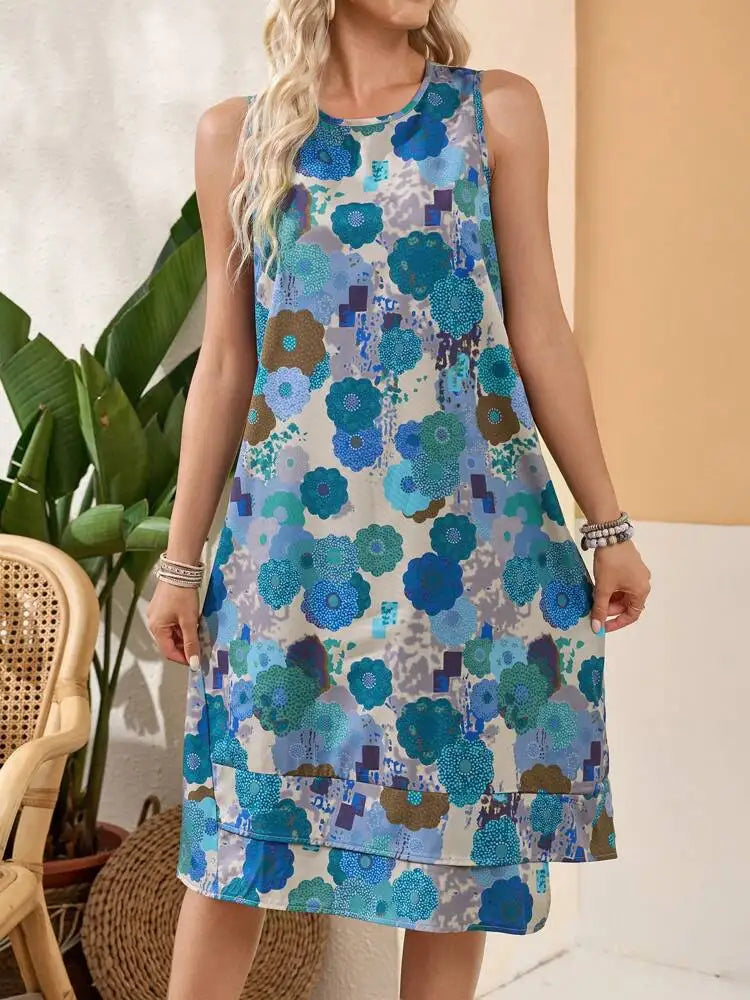 SAIDE™ | S49 DRESS - ELEGANT DIRECTIONAL FLOWERS ALL OVER PRINT TANK DRESS