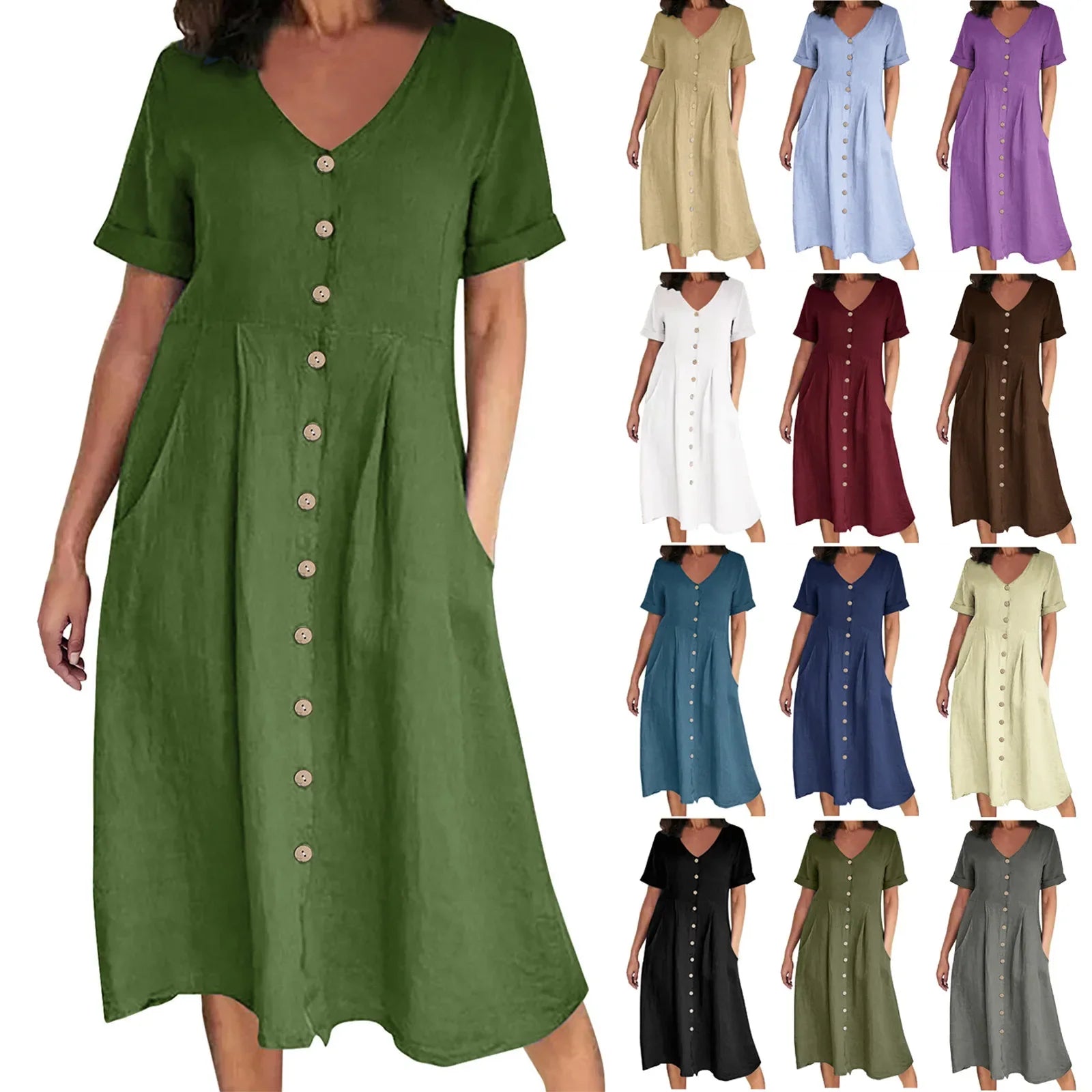 SAIDE™ | S136 DRESS - BUTTON FRONT COTTON LINEN DRESS