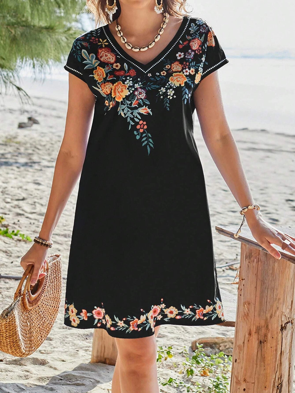 SAIDE™ | S98 DRESS - SUMMER VACATION V-NECK FLORAL PRINT SHORT SLEEVE CASUAL DRESS