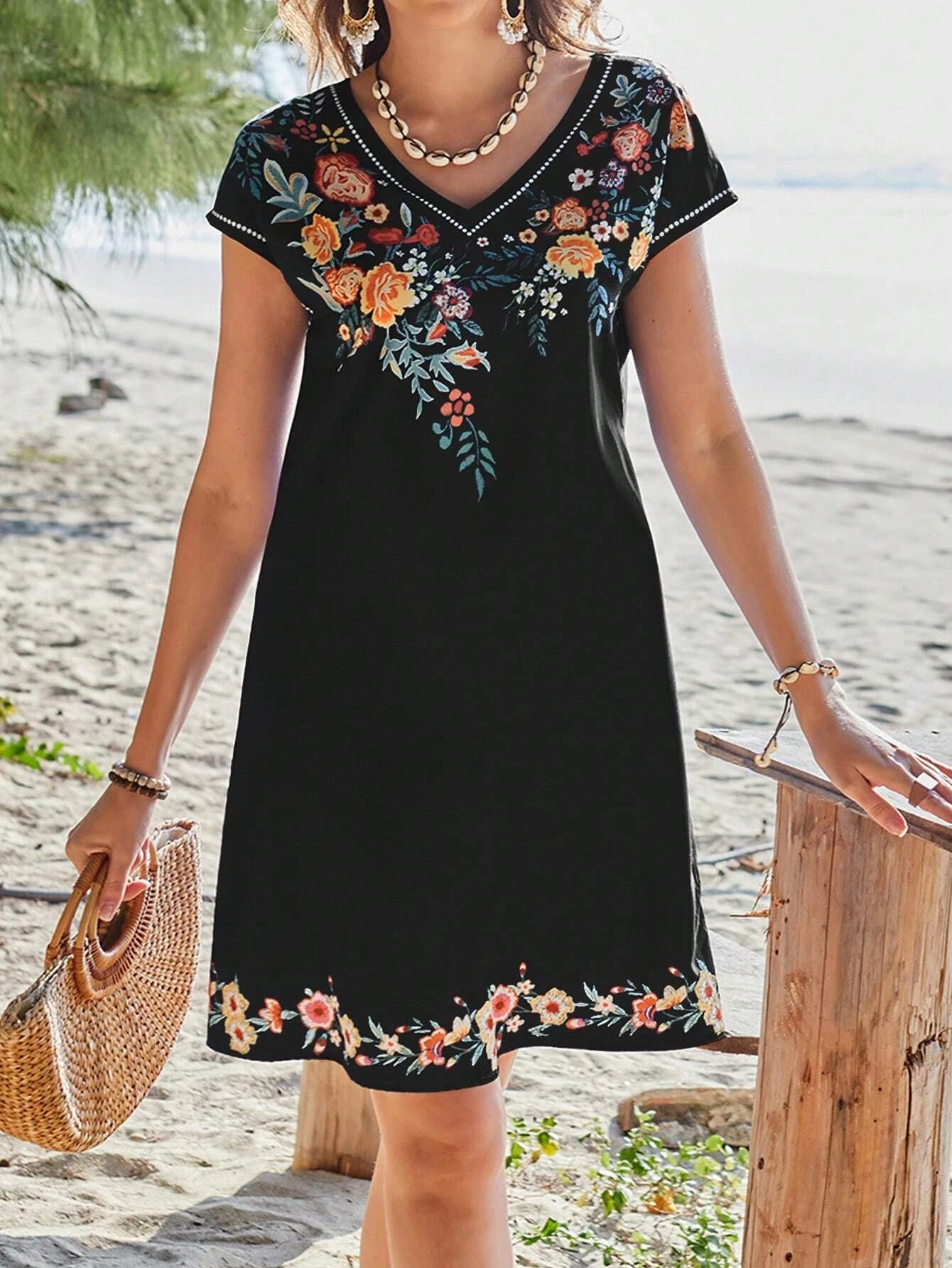 SAIDE™ | S98 DRESS - SUMMER VACATION V-NECK FLORAL PRINT SHORT SLEEVE CASUAL DRESS