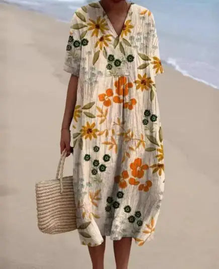 SAIDE™ | S201 DRESS - PRINT V-NECK SHORT SLEEVE LOOSE A-LINE MIDI DRESS