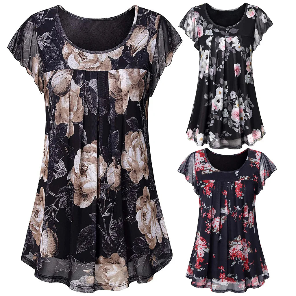 SAIDE™ | S160 TOP - FLORAL MESH V-NECK TEE