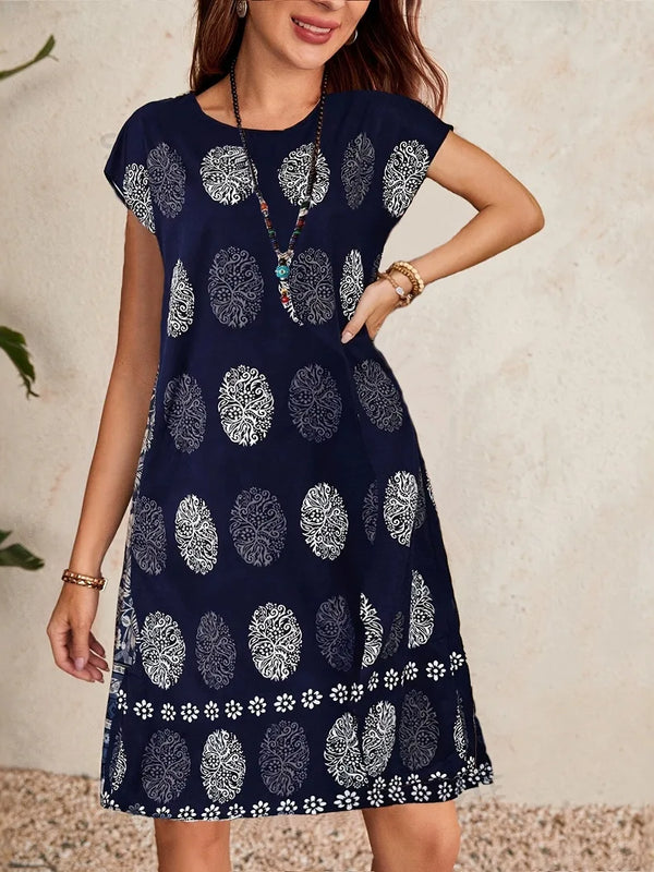 SAIDE™ | S59 DRESS - RANDOM ABSTRACT PRINT SHORT SLEEVE A-LINE MIDI DRESS