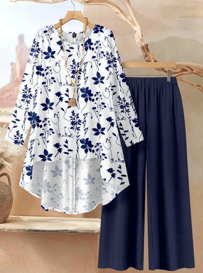 SAIDE™ | S6 TWO PIECE SET - FLORAL PRINT BLOUSE AND WIDE LEG PANTS