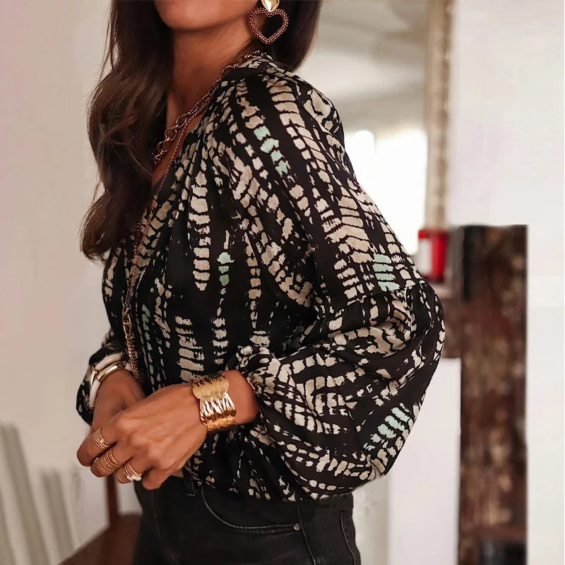 SAIDE™ | S112 TOP - PLUS SIZE STRIPED PRINTED V-NECK LONG SLEEVE SHIRT