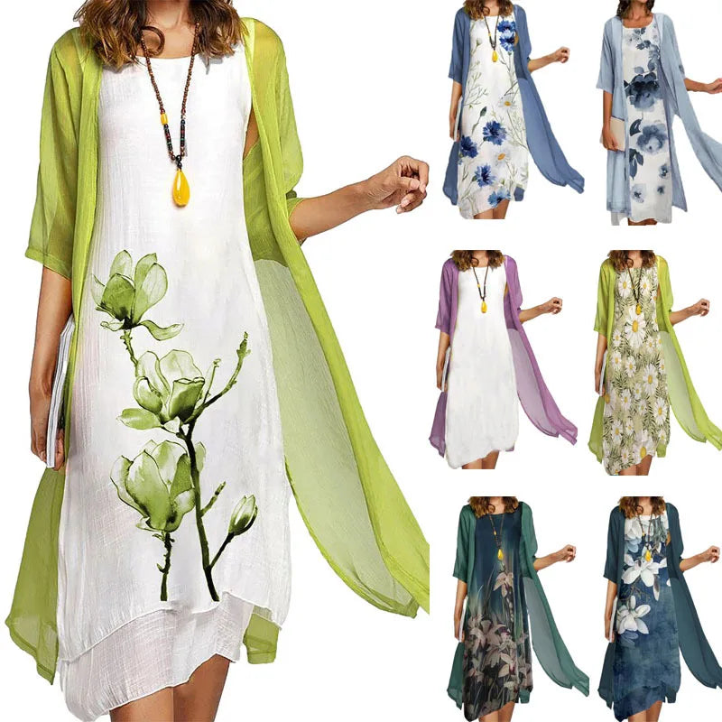 SAIDE™ | S121 2PCS - PRINTED DRESS AND SWEATER COAT SET