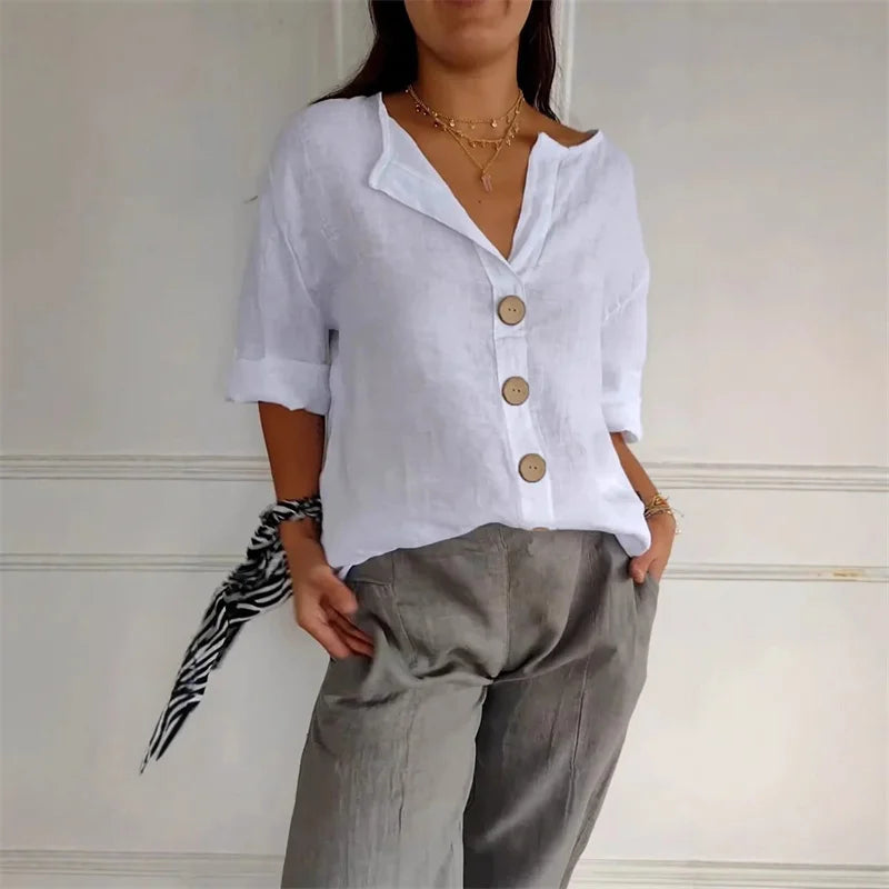 SAIDE™ | S114 SHIRT - V-NECK COTTON LINEN BUTTON TOP