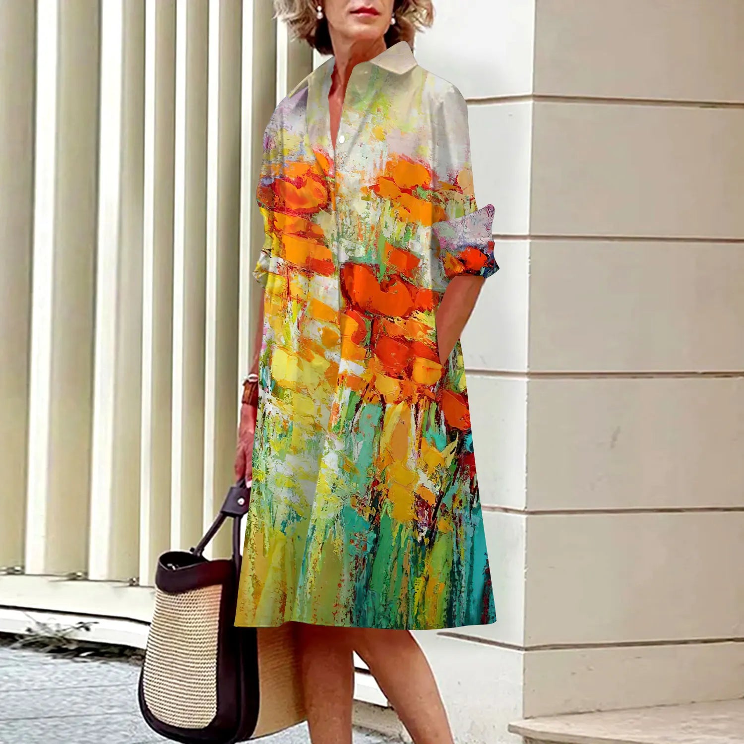 SAIDE™ | S144 DRESS - FLORAL PRINT LONG SLEEVE SHIRT DRESS