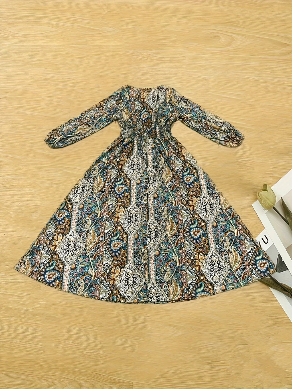 SAIDE™ | S66 DRESS - PLUS SIZE BOHEMIAN V-NECK LONG SLEEVE MAXI DRESS