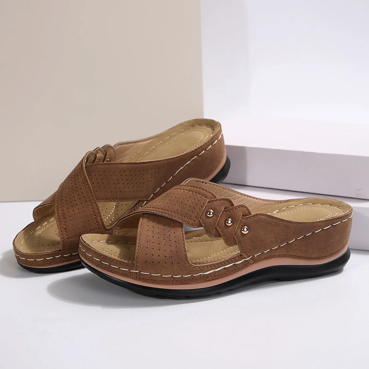 SAIDE™ | S31 SANDALS - VINTAGE PEEP TOE STRAPPY WEDGE SANDALS