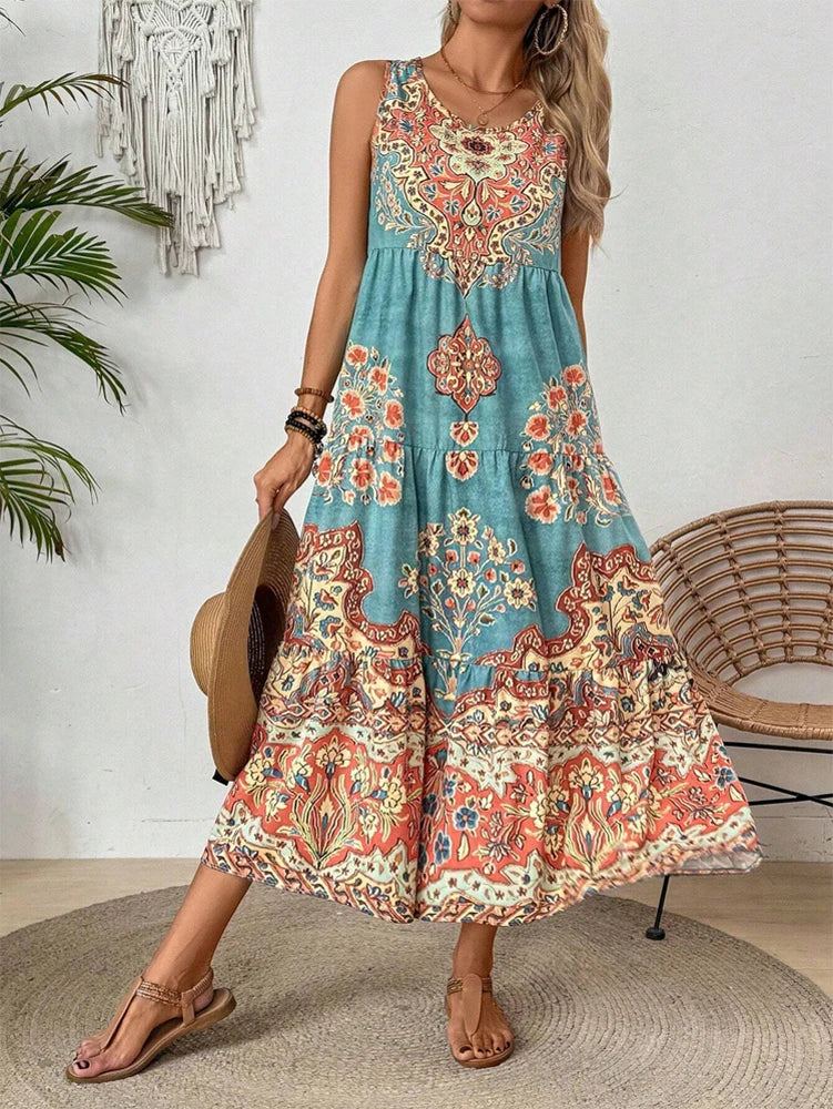 SAIDE™ | S42 DRESS - SUMMER PRINT CREW NECK SLEEVELESS MAXI DRESS