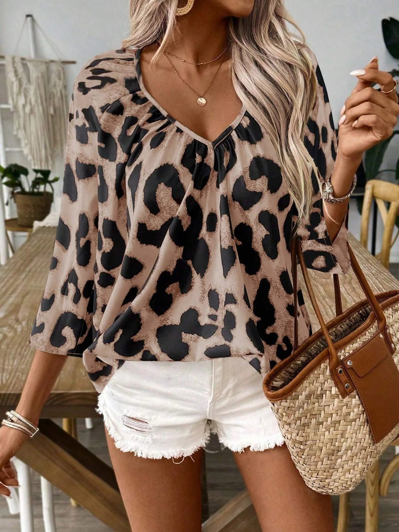 SAIDE™ | S13 SHIRT - LEOPARD PRINT V-NECK LONG SLEEVE SHIRT